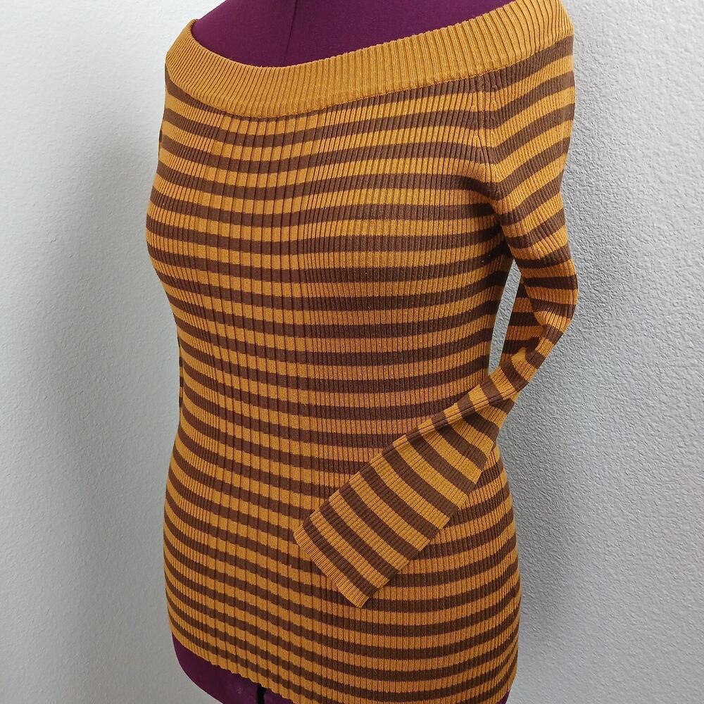 Derek Heart Mustard Stripe Off-Shoulder Sweater L retro yellow brown ribbed knit